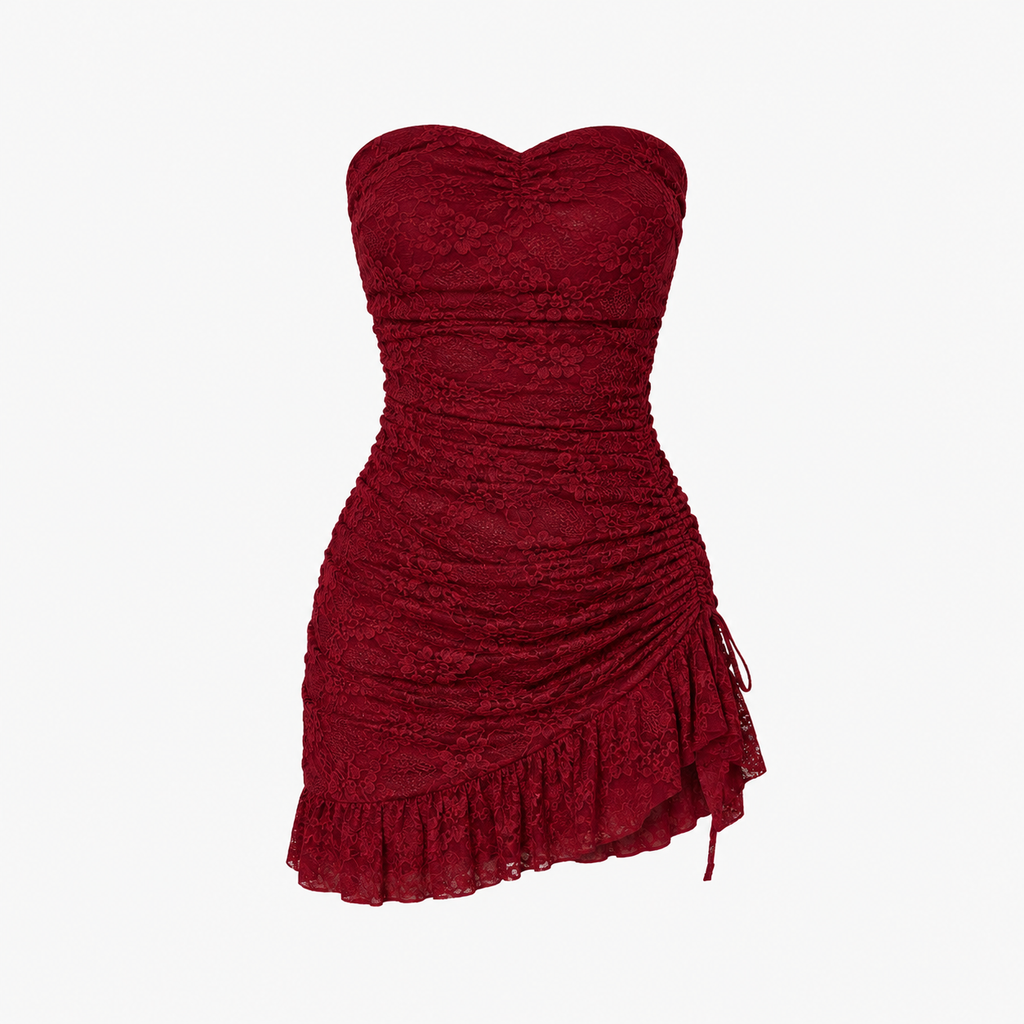 Red strapless dress with ruched details on a white background
