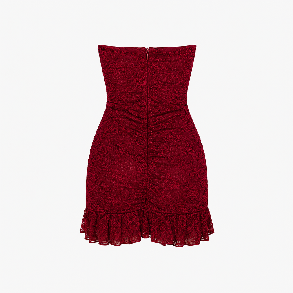 Red strapless dress with ruffled hem on a white background