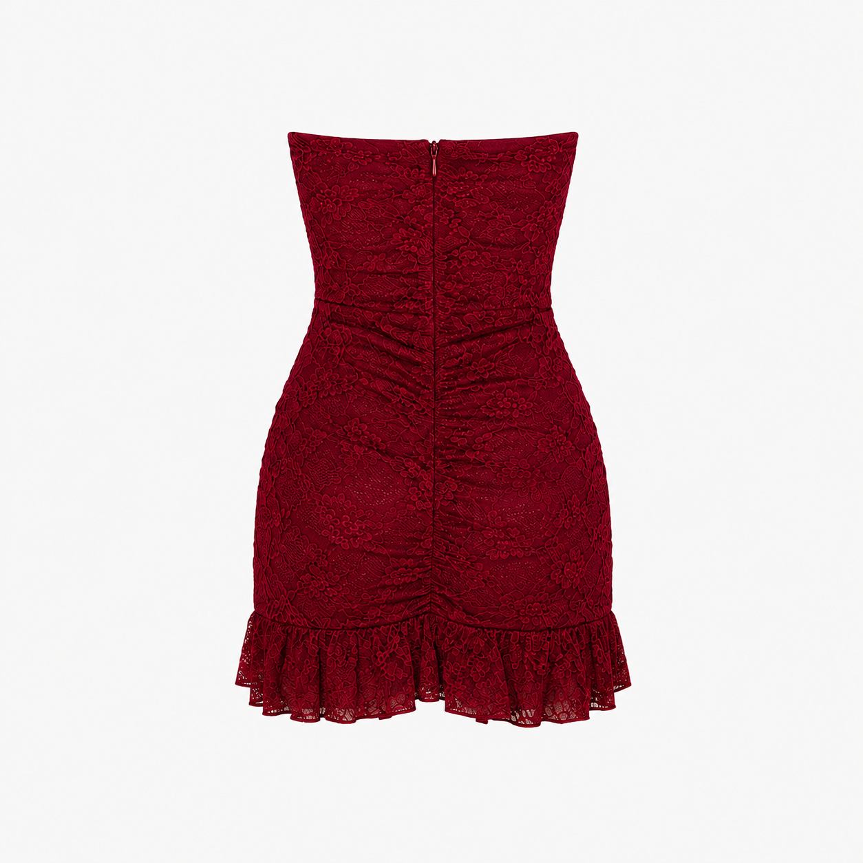 Red strapless dress with ruffled hem on a white background