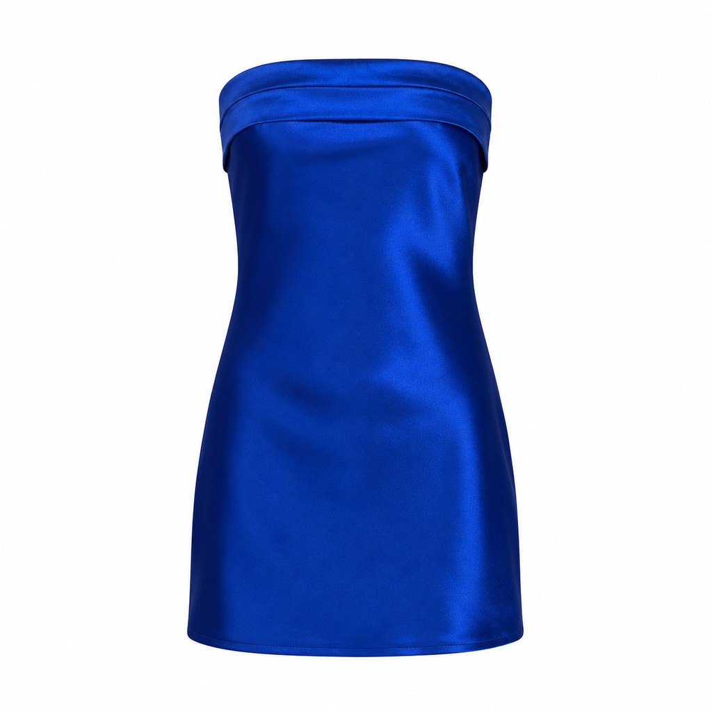 Blue strapless dress on a white background