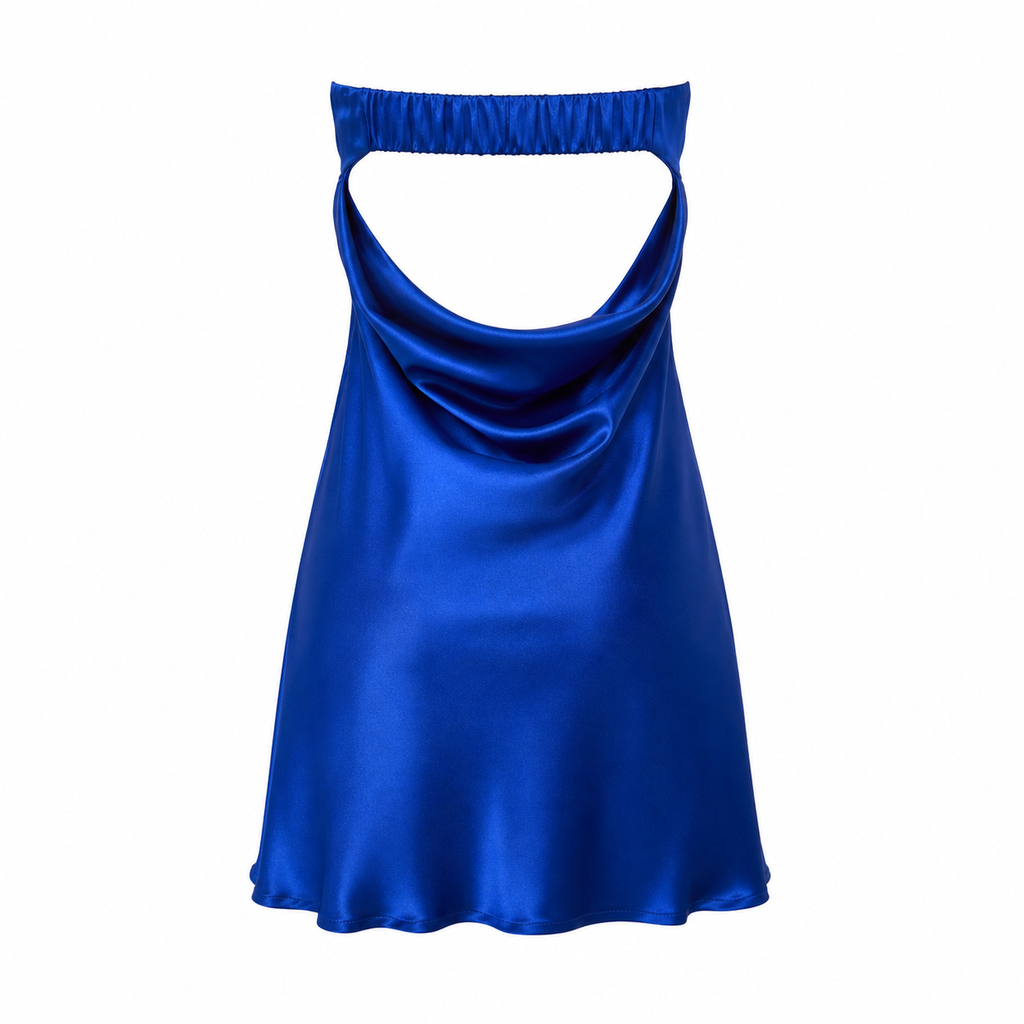 Blue satin dress with cut-out back on a white background