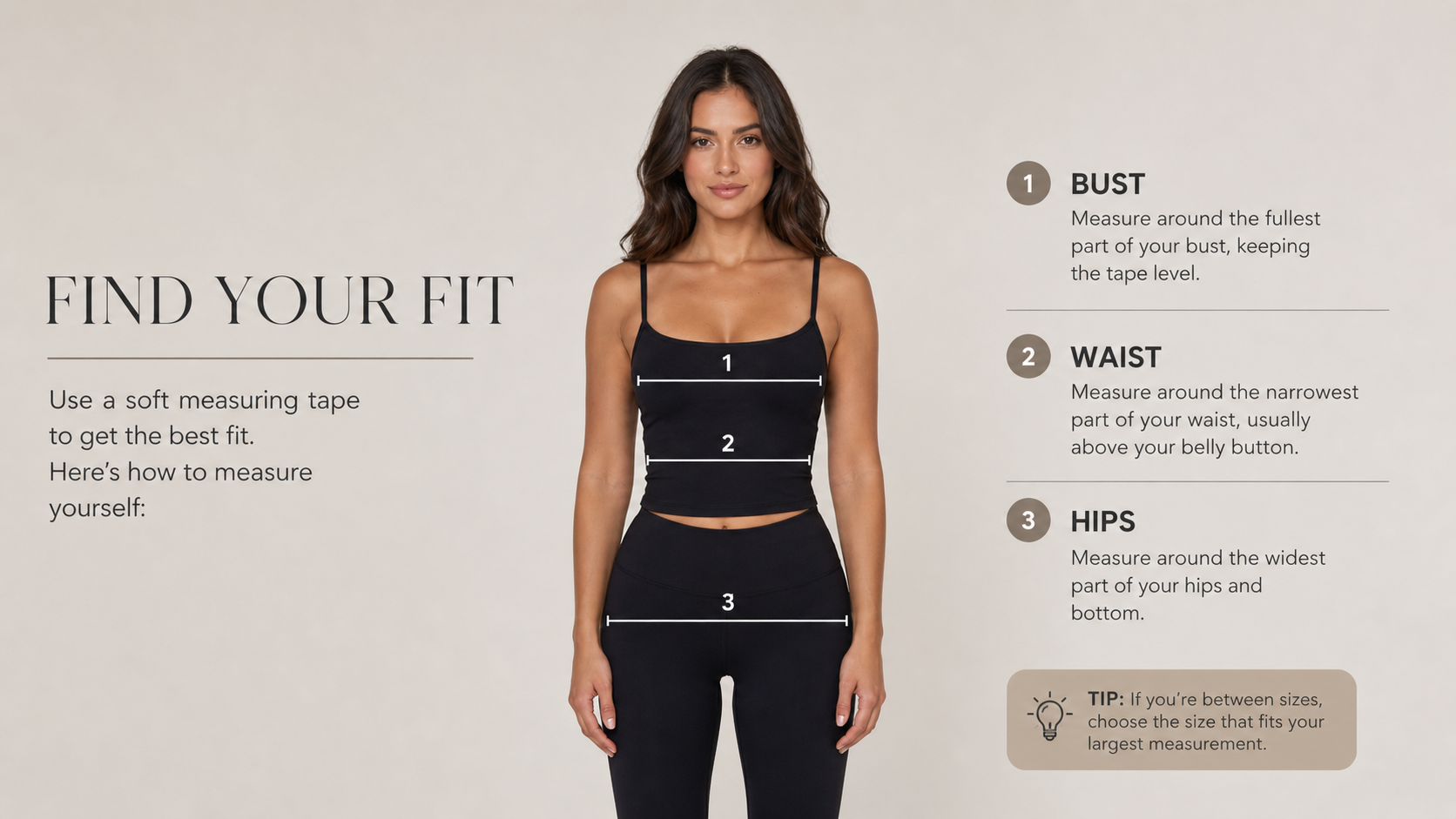 Woman wearing a black tank top and leggings with measurement guide on a beige background