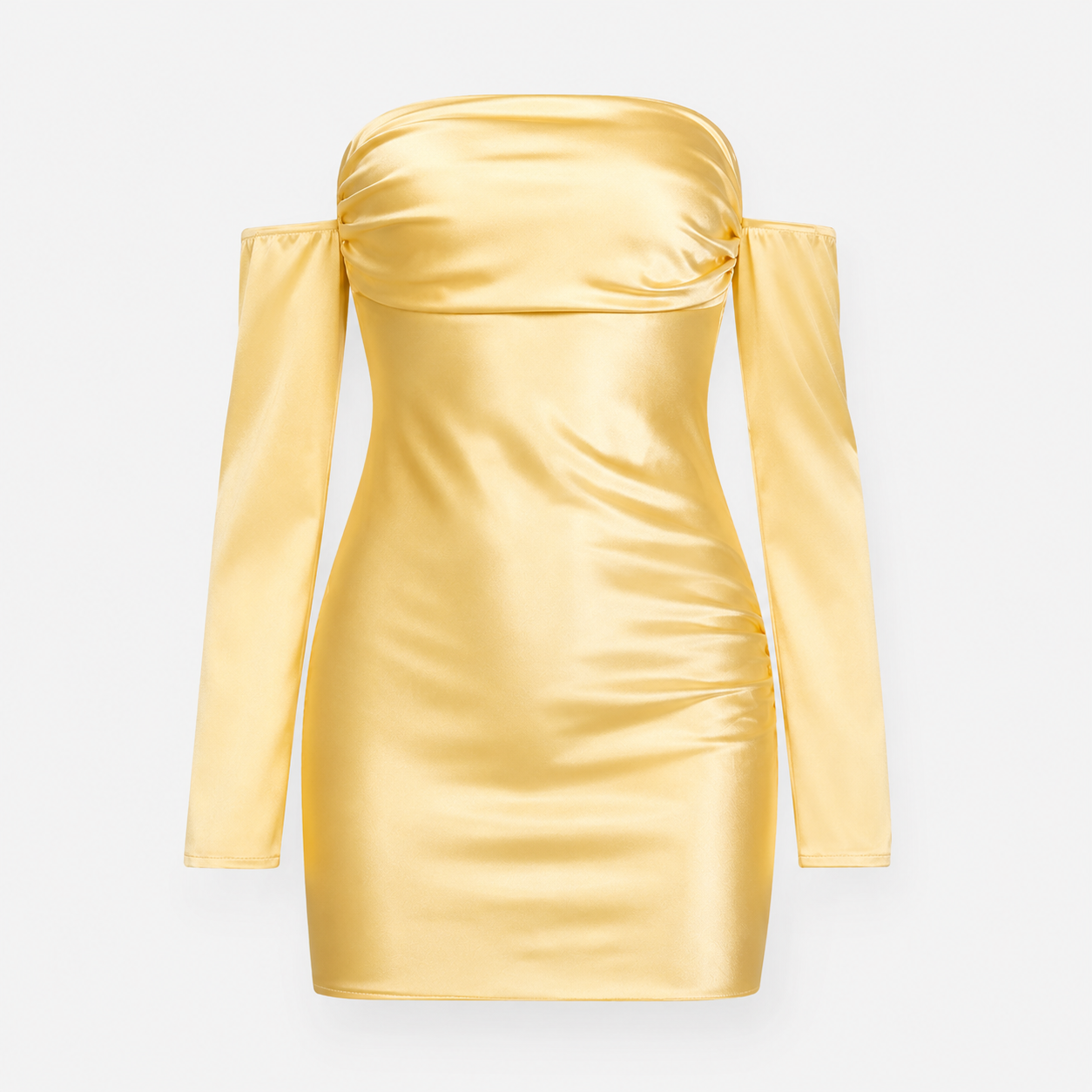 A pastel yellow strapless mini dress with a fitted silhouette and matching detached long sleeves, displayed against a light gray background.