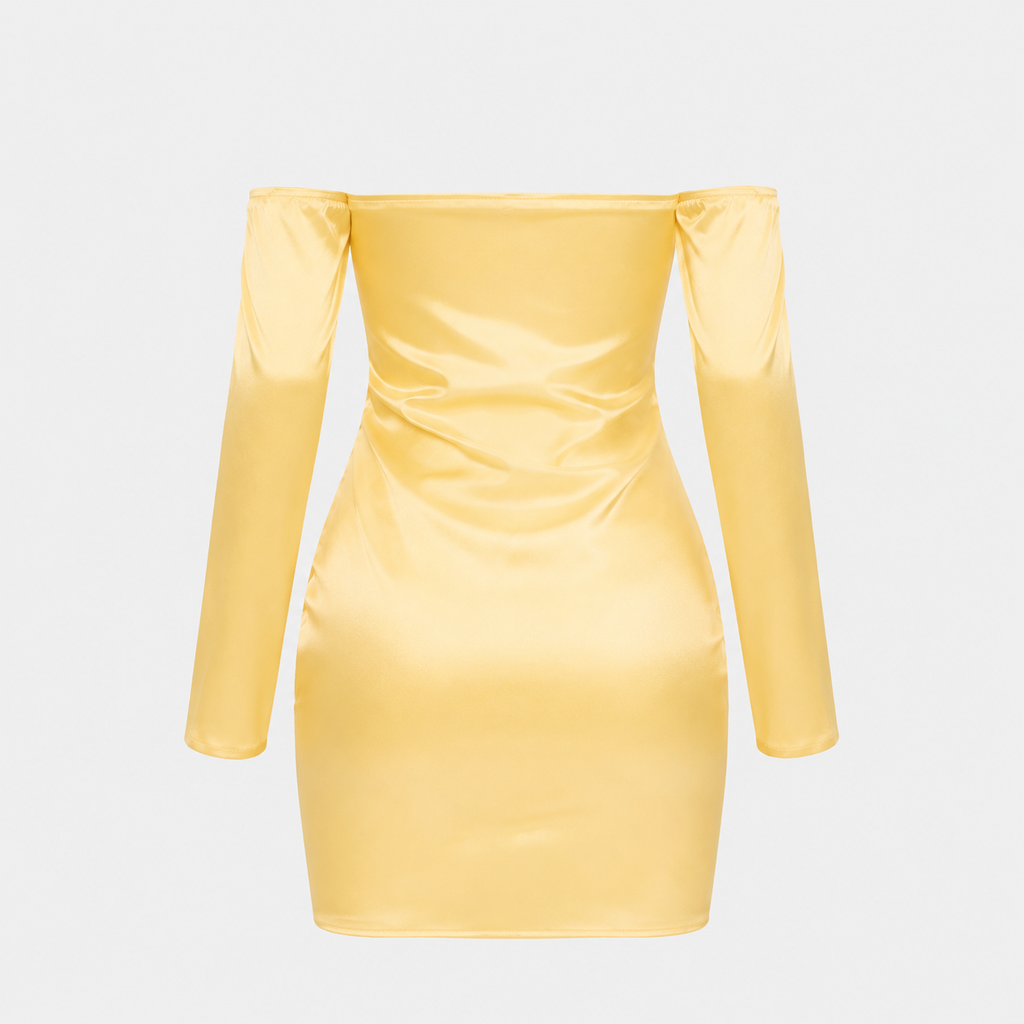 A pastel yellow strapless mini dress with a fitted silhouette and matching detached long sleeves, displayed against a light gray background.