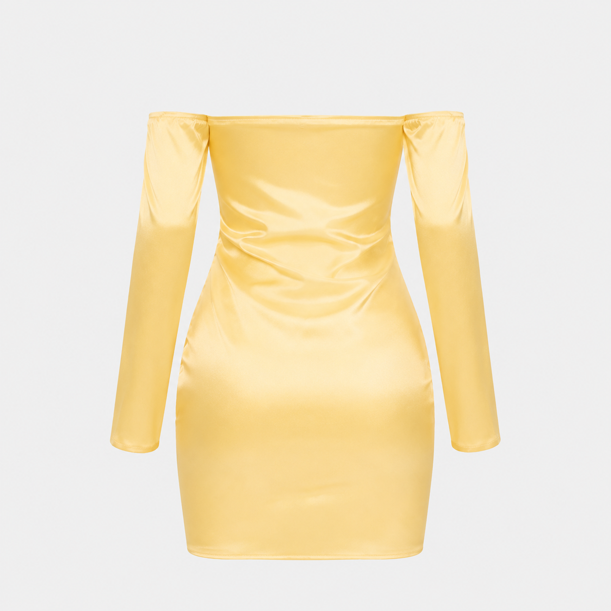 A pastel yellow strapless mini dress with a fitted silhouette and matching detached long sleeves, displayed against a light gray background.