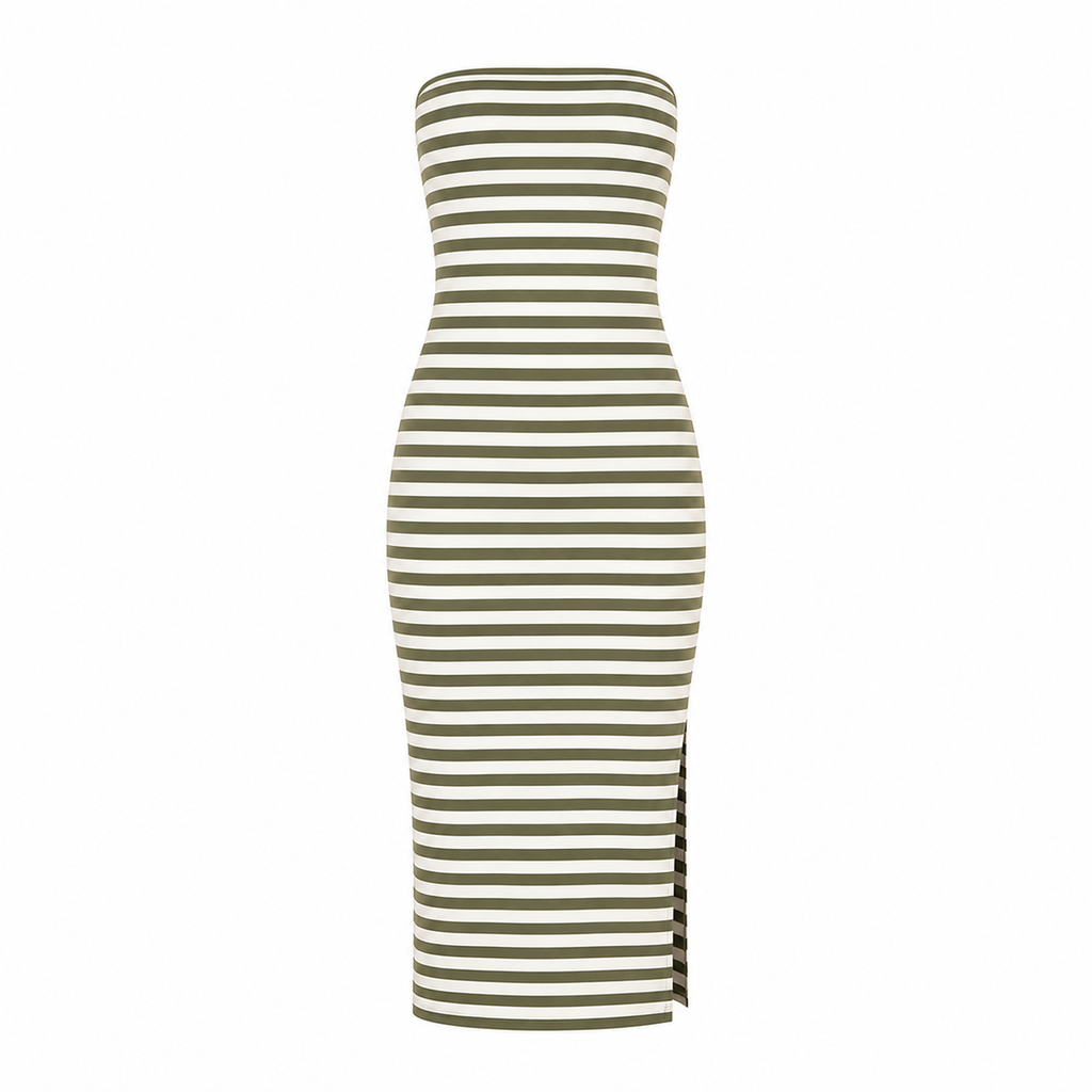 Striped dress with green and white horizontal stripes on a white background