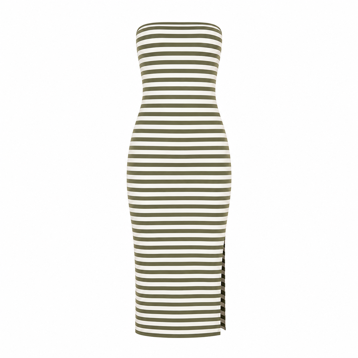Striped dress with green and white horizontal stripes on a white background