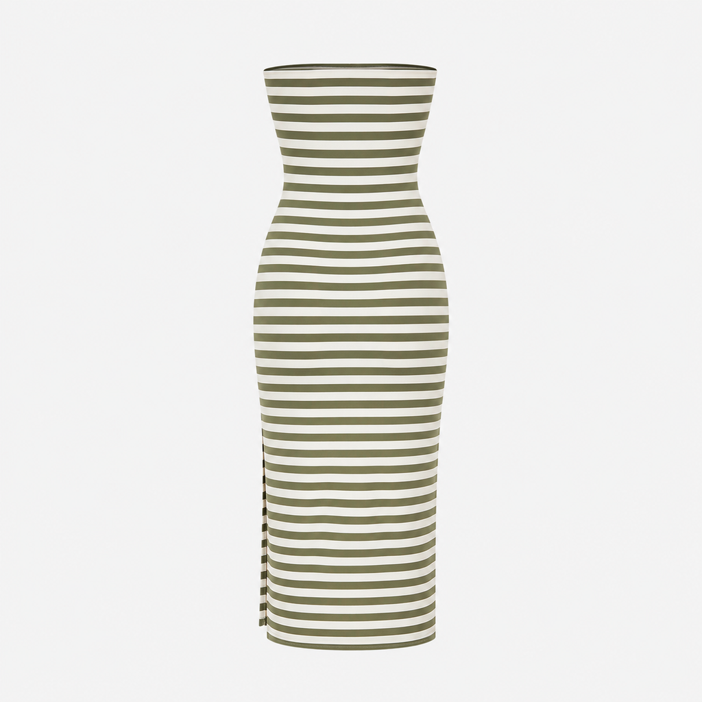 Green and white striped dress on a light gray background